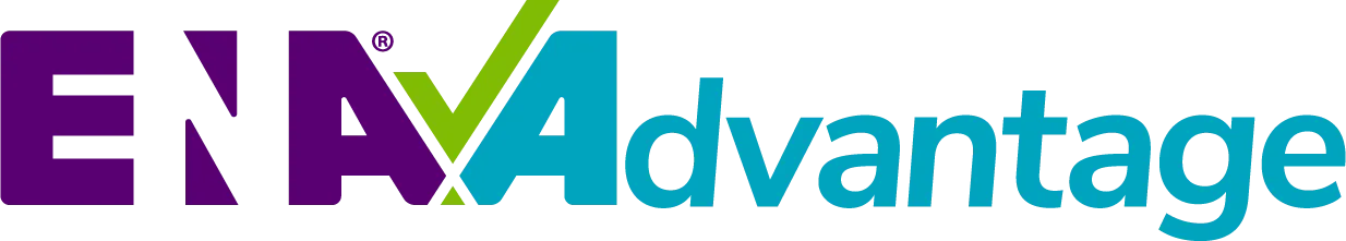 The logo for "ENA Advantage" with "ENA" in bold purple and green letters, featuring a checkmark integrated into the design. The word "Advantage" is in a light blue font with a clean, modern style. The overall design conveys professionalism and reliability. The background is transparent.
