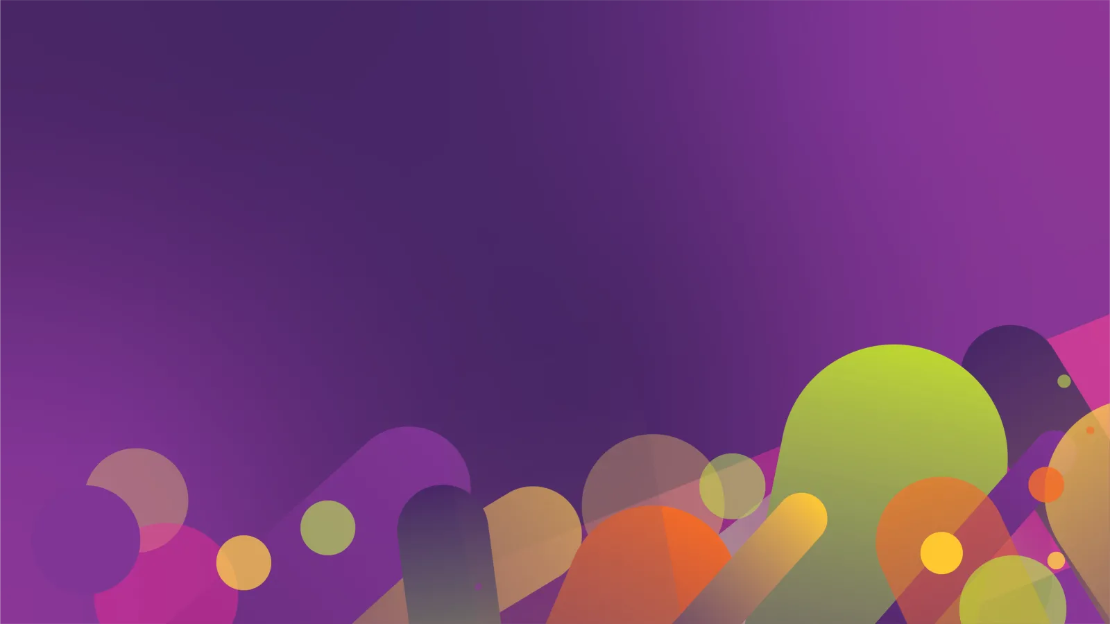 Abstract background featuring a gradient of deep purple transitioning into magenta, with overlapping translucent shapes in various colors (orange, green, pink, yellow) forming rounded and elongated figures along the bottom edge