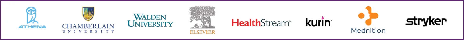 Logos of ENA Continuing Education Conference sponsors: Athena, Chamberlain University, Walden University, Elsevier, HealthStream, Kurin, Mednition, and Stryker.