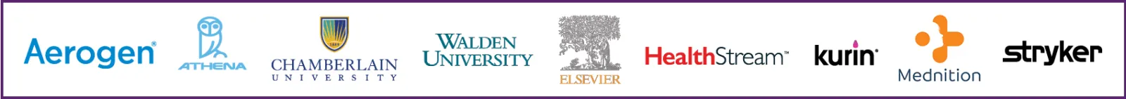 orizontal sponsor banner displaying logos of Aerogen, Athena, Chamberlain University, Walden University, Elsevier, HealthStream, Kurin, Mednition, and Stryker on a white background with a purple border.