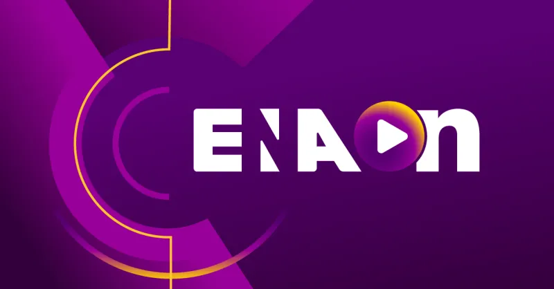 ENAon logo on a purple background with abstract circular and geometric designs, featuring a play button integrated into the word 'On'.