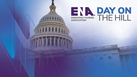 Graphic for the Emergency Nurses Association (ENA) Day on the Hill event, featuring the U.S. Capitol building with a blue overlay and the event title in bold text