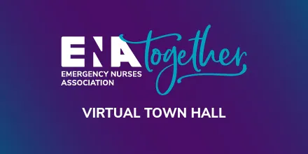 Graphic for the Emergency Nurses Association (ENA) Virtual Town Hall. The ENA logo appears in white on a dark purple and blue gradient background, with the word 'Together' in a flowing teal script. Below, 'VIRTUAL TOWN HALL' is displayed in bold white capital letters.