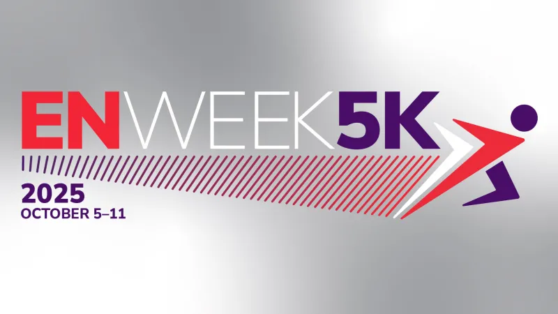 Graphic for the EN Week 5K event, showing stylized runner artwork and bold text reading 'EN Week 5K' with the event date, October 5–11, 2025.