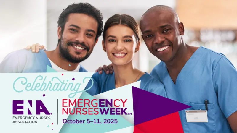 Promotional banner for Emergency Nurses Week 2025, showing three smiling nurses in scrubs. The text reads 'Celebrating Emergency Nurses Week, October 5–11, 2025' with the ENA logo and 'Emergency Nurses Association' at the bottom left.